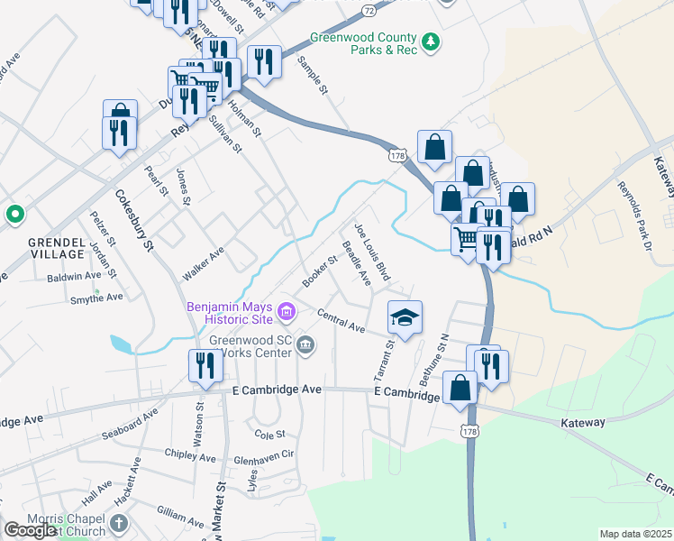 map of restaurants, bars, coffee shops, grocery stores, and more near 340 Louvenia Avenue in Greenwood