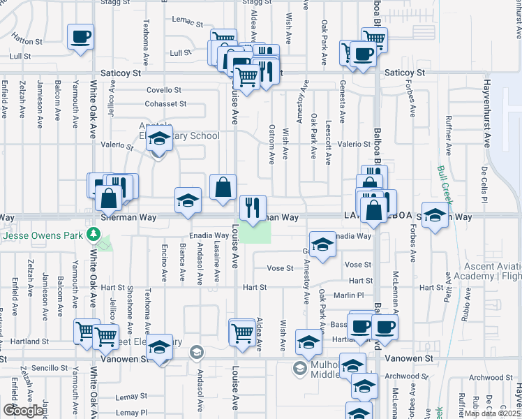 map of restaurants, bars, coffee shops, grocery stores, and more near 17221 Sherman Way in Los Angeles