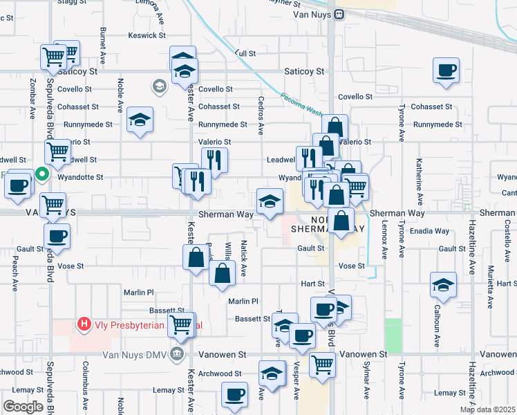 map of restaurants, bars, coffee shops, grocery stores, and more near 14665 Sherman Way in Los Angeles