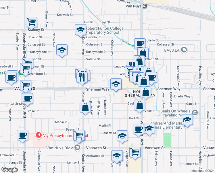 map of restaurants, bars, coffee shops, grocery stores, and more near 14729 Sherman Way in Los Angeles