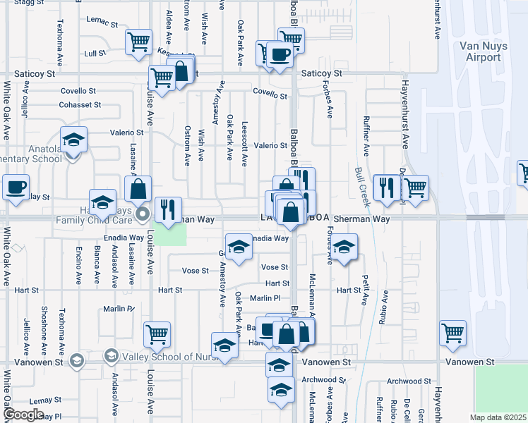 map of restaurants, bars, coffee shops, grocery stores, and more near 16955 Sherman Way in Los Angeles