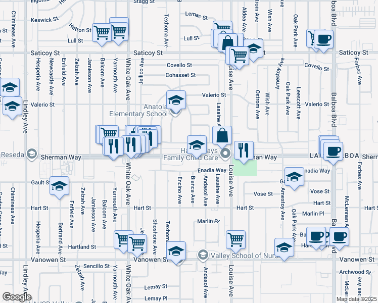 map of restaurants, bars, coffee shops, grocery stores, and more near 17441 Sherman Way in Los Angeles
