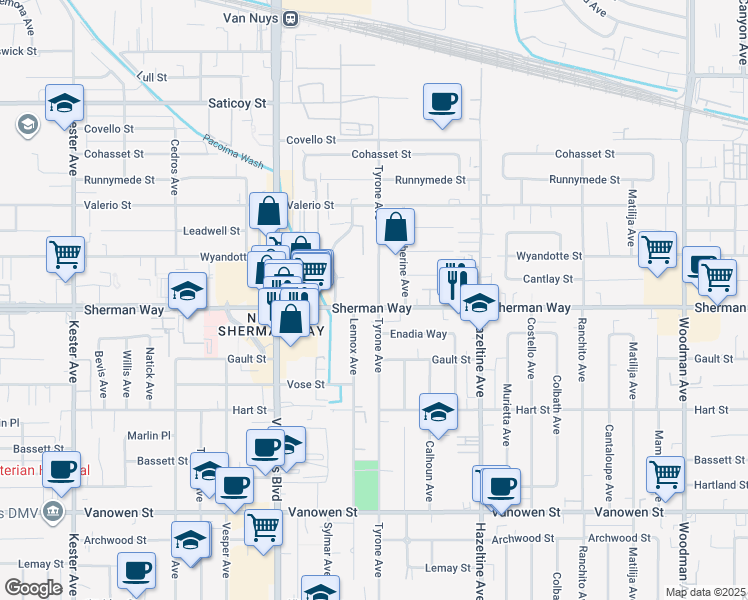 map of restaurants, bars, coffee shops, grocery stores, and more near 7223 Tyrone Avenue in Los Angeles