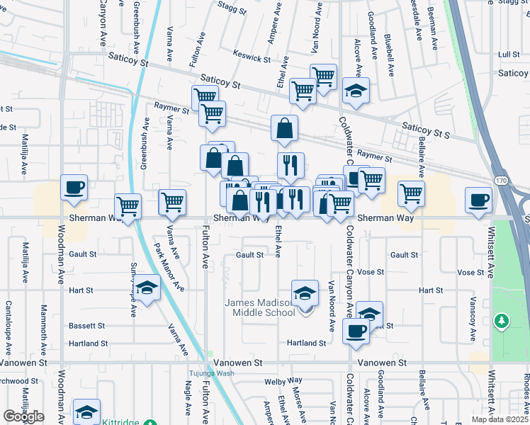 map of restaurants, bars, coffee shops, grocery stores, and more near 13123 Sherman Way in Los Angeles