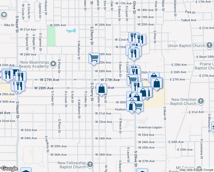 map of restaurants, bars, coffee shops, grocery stores, and more near 2800 South Elm Street in Pine Bluff