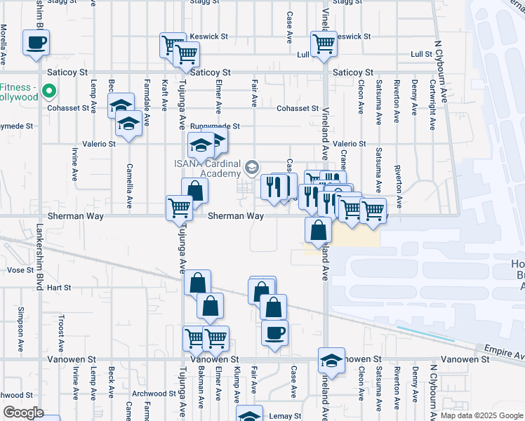 map of restaurants, bars, coffee shops, grocery stores, and more near 11147 Sherman Way in Los Angeles
