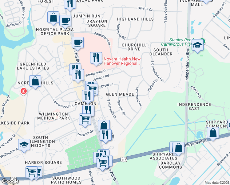 map of restaurants, bars, coffee shops, grocery stores, and more near 2222 Waverly Dr in Wilmington
