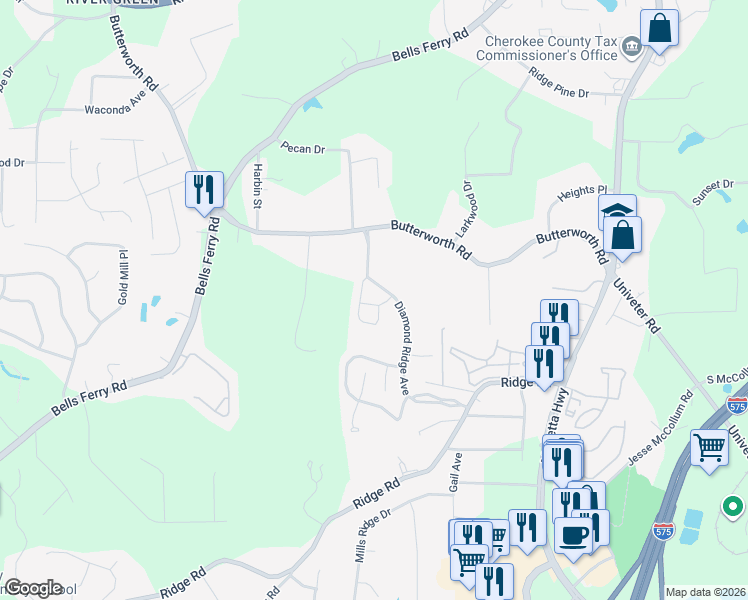 map of restaurants, bars, coffee shops, grocery stores, and more near 706 Capri Ridge in Canton