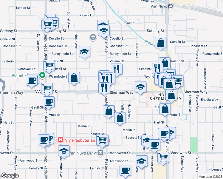 map of restaurants, bars, coffee shops, grocery stores, and more near 14839 Sherman Way in Los Angeles