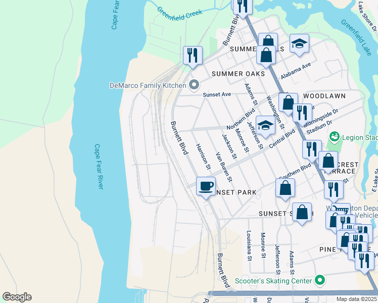 map of restaurants, bars, coffee shops, grocery stores, and more near 2041 Burnett Boulevard in Wilmington