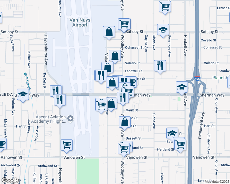 map of restaurants, bars, coffee shops, grocery stores, and more near 16137 Sherman Way in Los Angeles