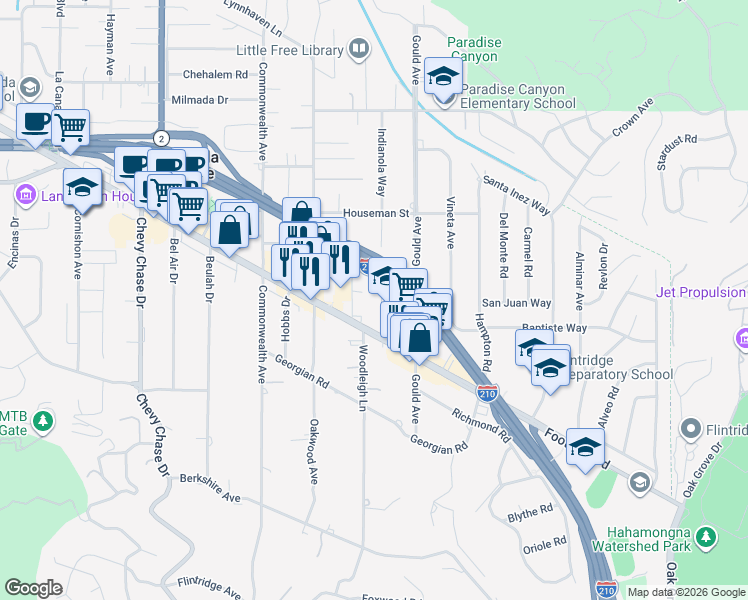 map of restaurants, bars, coffee shops, grocery stores, and more near 4537 Indianola Way in La Cañada Flintridge