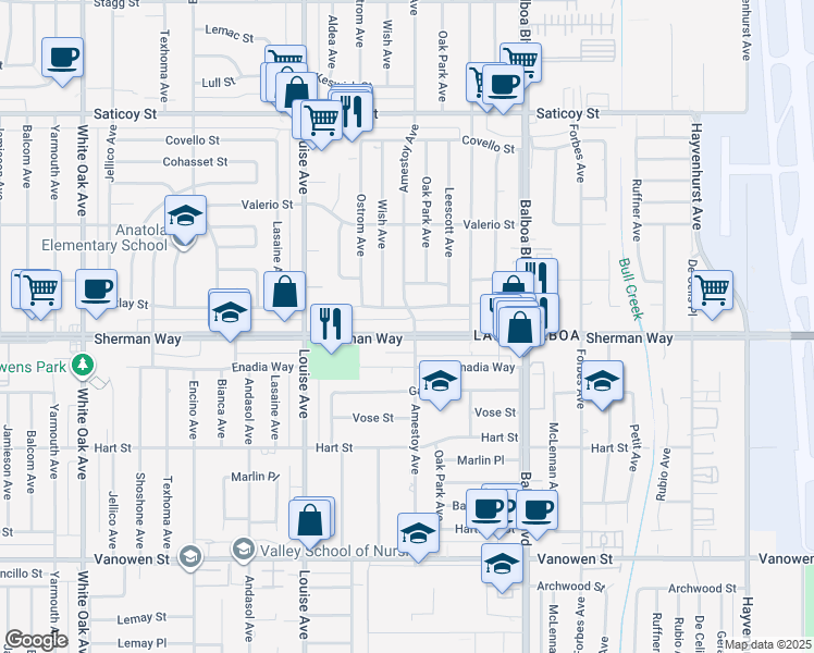 map of restaurants, bars, coffee shops, grocery stores, and more near 17113 Sherman Way in Los Angeles