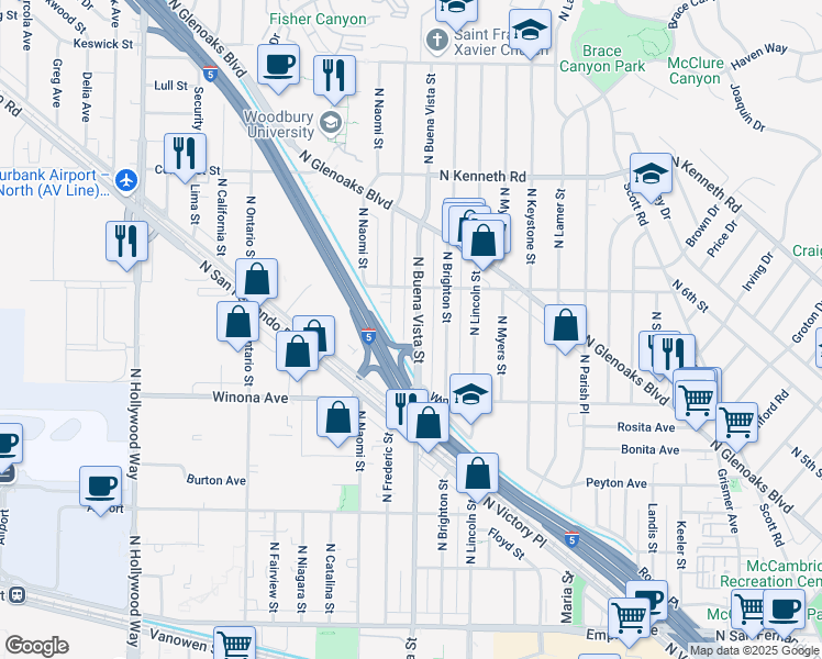 map of restaurants, bars, coffee shops, grocery stores, and more near 2531 North Buena Vista Street in Burbank