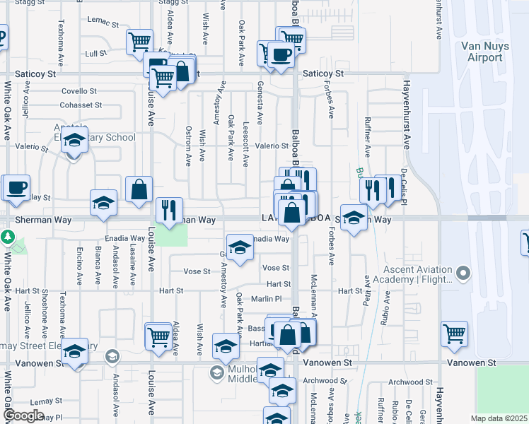 map of restaurants, bars, coffee shops, grocery stores, and more near 16955 Sherman Way in Los Angeles