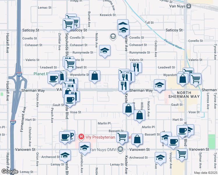 map of restaurants, bars, coffee shops, grocery stores, and more near 7648 Burnet Avenue in Los Angeles