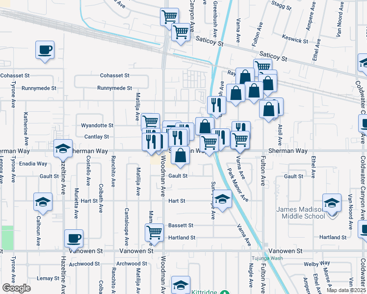 map of restaurants, bars, coffee shops, grocery stores, and more near 13613 Sherman Way in Los Angeles