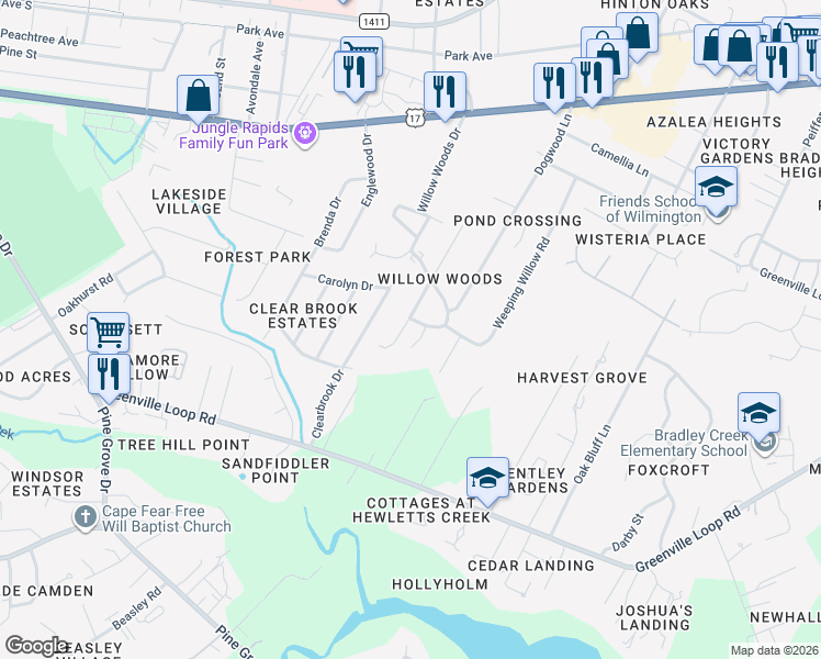 map of restaurants, bars, coffee shops, grocery stores, and more near 5602 Hillwood Street in Wilmington