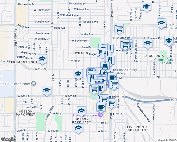 map of restaurants, bars, coffee shops, grocery stores, and more near 201 South C Street in Oxnard