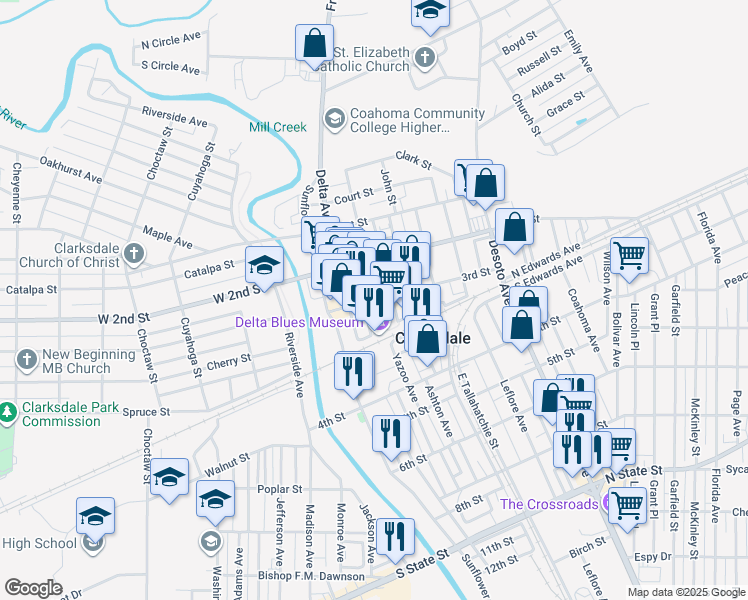 map of restaurants, bars, coffee shops, grocery stores, and more near 127 3rd Street in Clarksdale