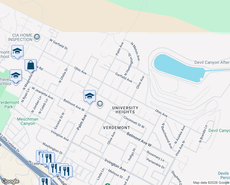 map of restaurants, bars, coffee shops, grocery stores, and more near 6649 Lynn Court in San Bernardino