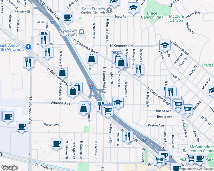 map of restaurants, bars, coffee shops, grocery stores, and more near 2528 North Buena Vista Street in Burbank