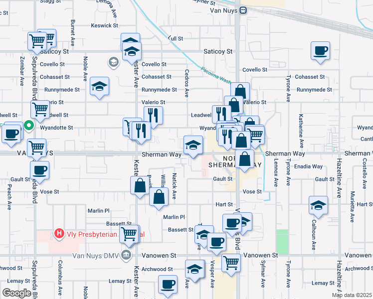 map of restaurants, bars, coffee shops, grocery stores, and more near 14661 Sherman Way in Los Angeles