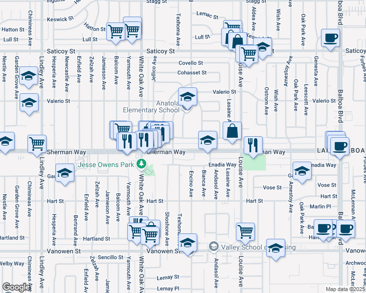 map of restaurants, bars, coffee shops, grocery stores, and more near 17521 Sherman Way in Los Angeles