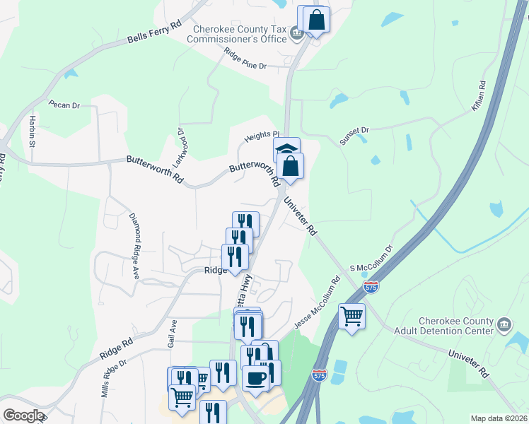 map of restaurants, bars, coffee shops, grocery stores, and more near 3350 Marietta Highway in Canton