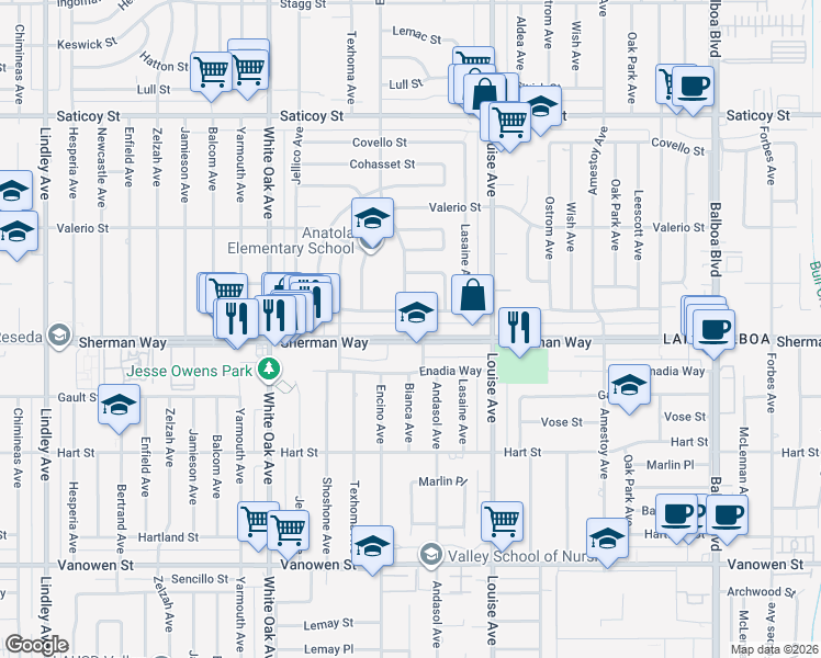 map of restaurants, bars, coffee shops, grocery stores, and more near 17441 Sherman Way in Los Angeles