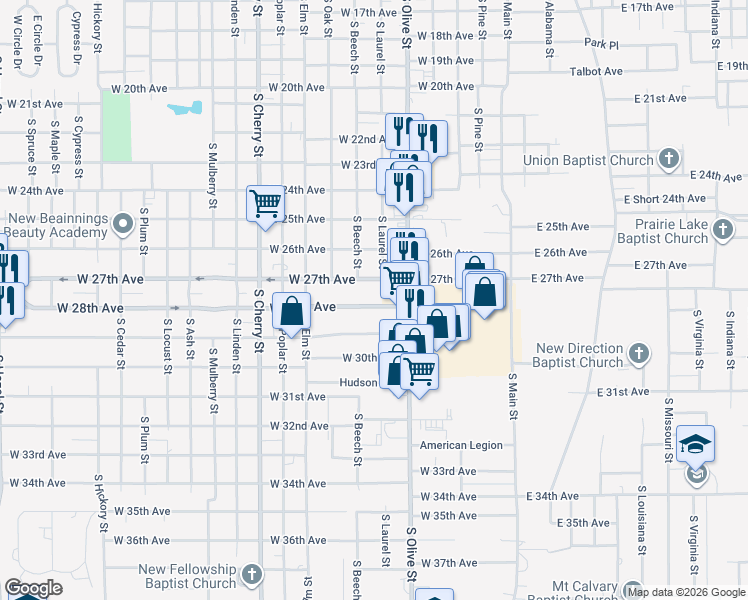 map of restaurants, bars, coffee shops, grocery stores, and more near 605 West 28th Avenue in Pine Bluff