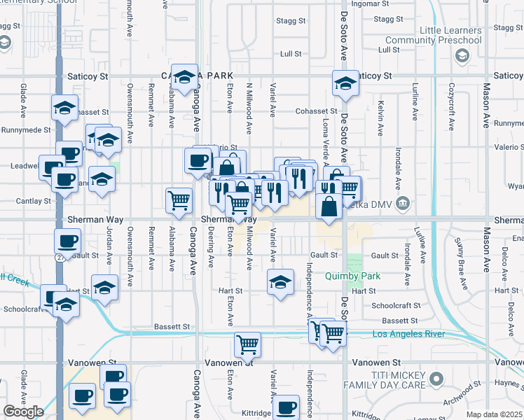 map of restaurants, bars, coffee shops, grocery stores, and more near 21101 Sherman Way in Los Angeles