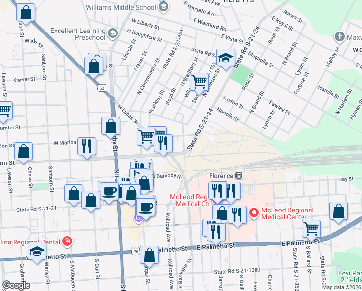 map of restaurants, bars, coffee shops, grocery stores, and more near 329 North Church Street in Florence