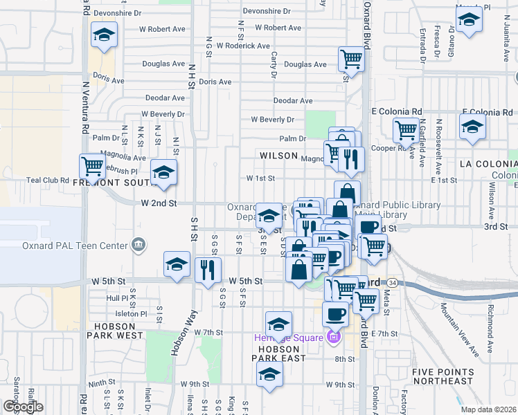 map of restaurants, bars, coffee shops, grocery stores, and more near 201 South E Street in Oxnard