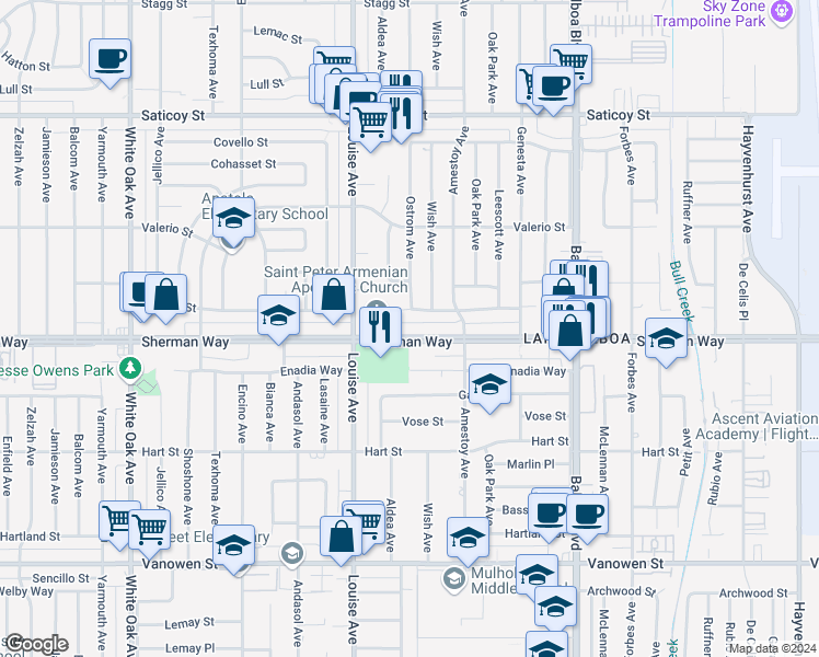 map of restaurants, bars, coffee shops, grocery stores, and more near 17201 Sherman Way in Los Angeles
