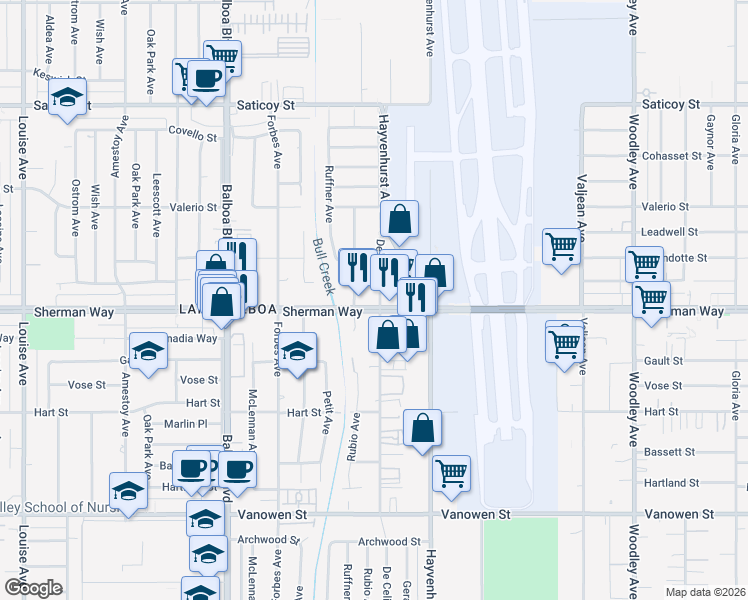 map of restaurants, bars, coffee shops, grocery stores, and more near 16623 Sherman Way in Los Angeles