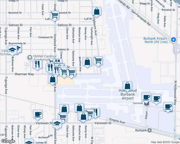 map of restaurants, bars, coffee shops, grocery stores, and more near 10723 Sherman Way in Los Angeles