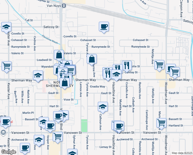 map of restaurants, bars, coffee shops, grocery stores, and more near 14215 Sherman Way in Los Angeles