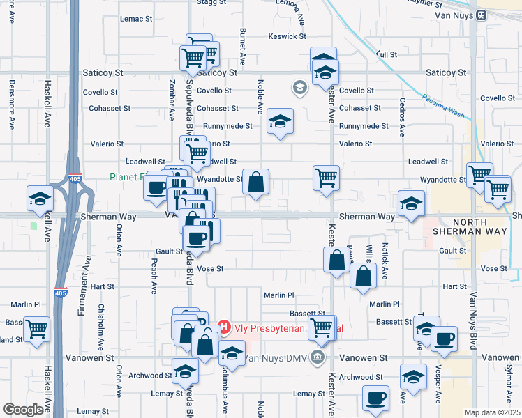 map of restaurants, bars, coffee shops, grocery stores, and more near 15061 Sherman Way in Los Angeles