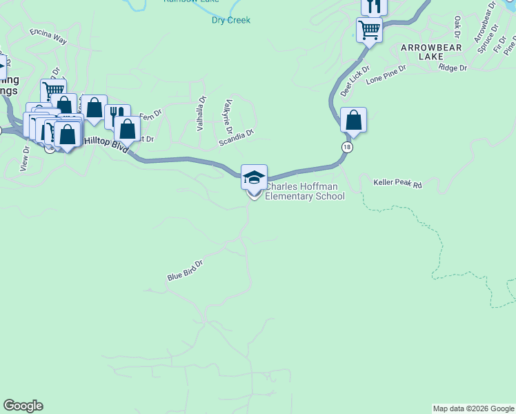 map of restaurants, bars, coffee shops, grocery stores, and more near 2851 Running Springs School Road in Running Springs
