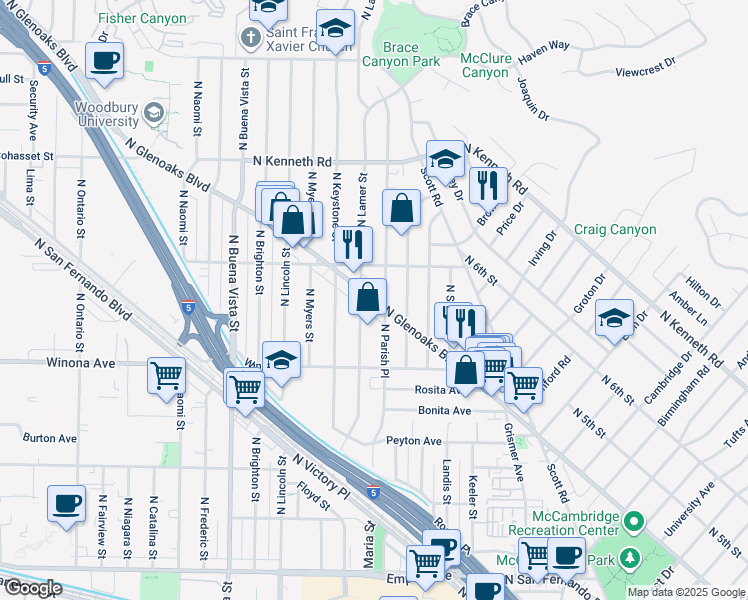 map of restaurants, bars, coffee shops, grocery stores, and more near in Burbank
