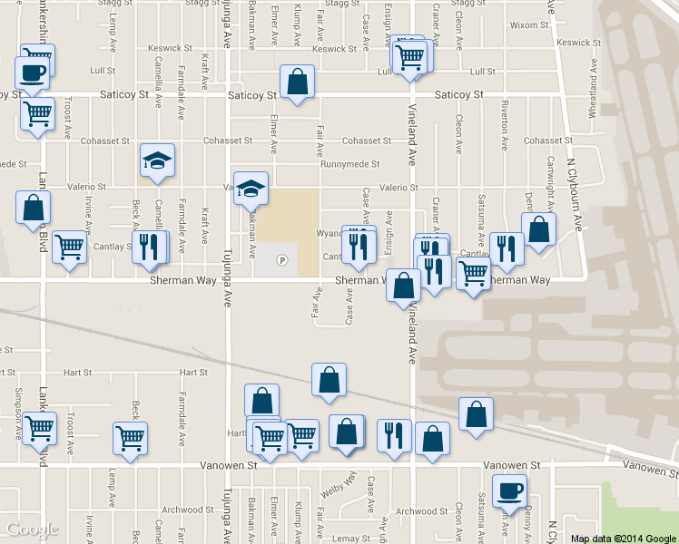 map of restaurants, bars, coffee shops, grocery stores, and more near 11143 Sherman Way in Los Angeles