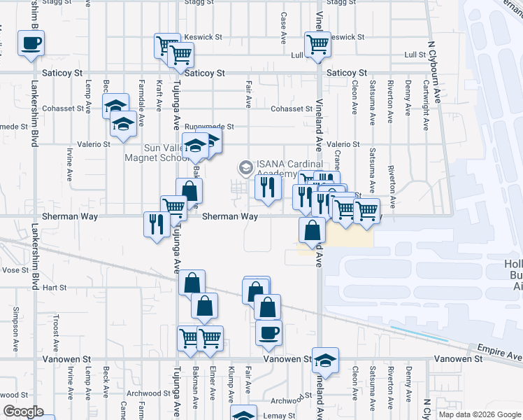 map of restaurants, bars, coffee shops, grocery stores, and more near 11143 Sherman Way in Los Angeles