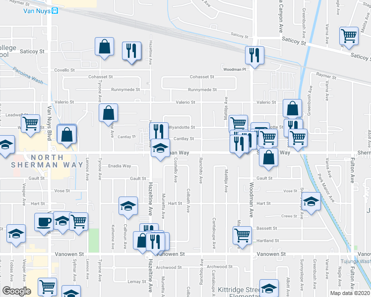 map of restaurants, bars, coffee shops, grocery stores, and more near 13941 Sherman Way in Los Angeles