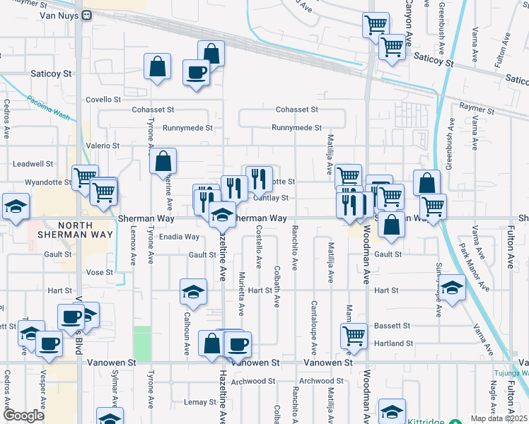 map of restaurants, bars, coffee shops, grocery stores, and more near 13941 Sherman Way in Los Angeles
