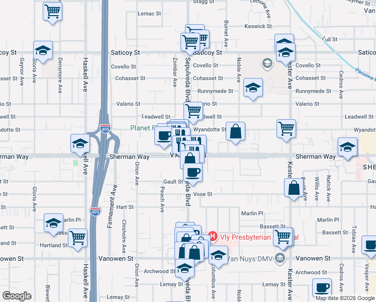 map of restaurants, bars, coffee shops, grocery stores, and more near in Los Angeles