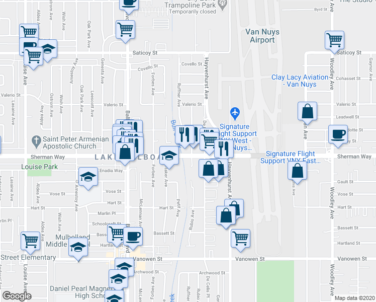 map of restaurants, bars, coffee shops, grocery stores, and more near 16623 Sherman Way in Los Angeles