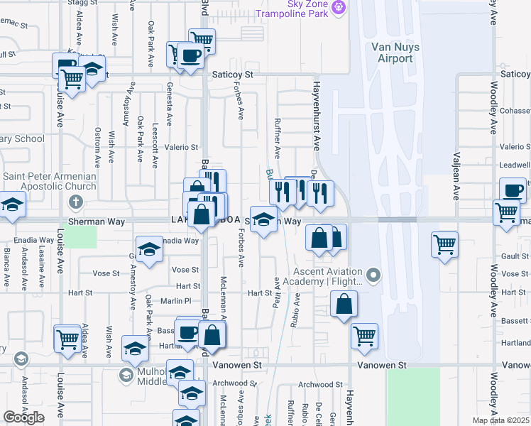 map of restaurants, bars, coffee shops, grocery stores, and more near 16721 Sherman Way in Los Angeles
