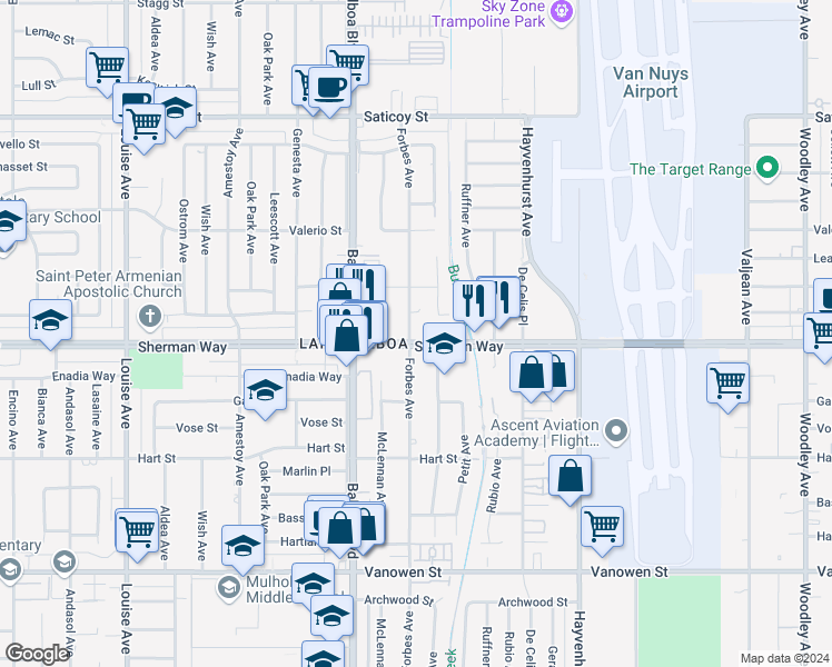 map of restaurants, bars, coffee shops, grocery stores, and more near 16759 Sherman Way in Los Angeles