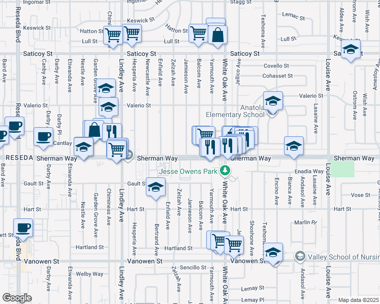 map of restaurants, bars, coffee shops, grocery stores, and more near 17801 Sherman Way in Los Angeles